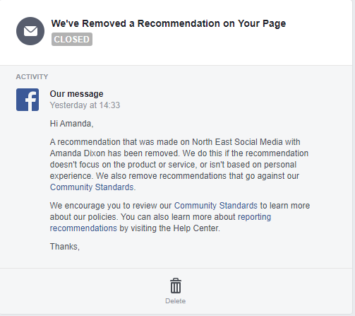 Remove Review on Facebook, message from Facebook