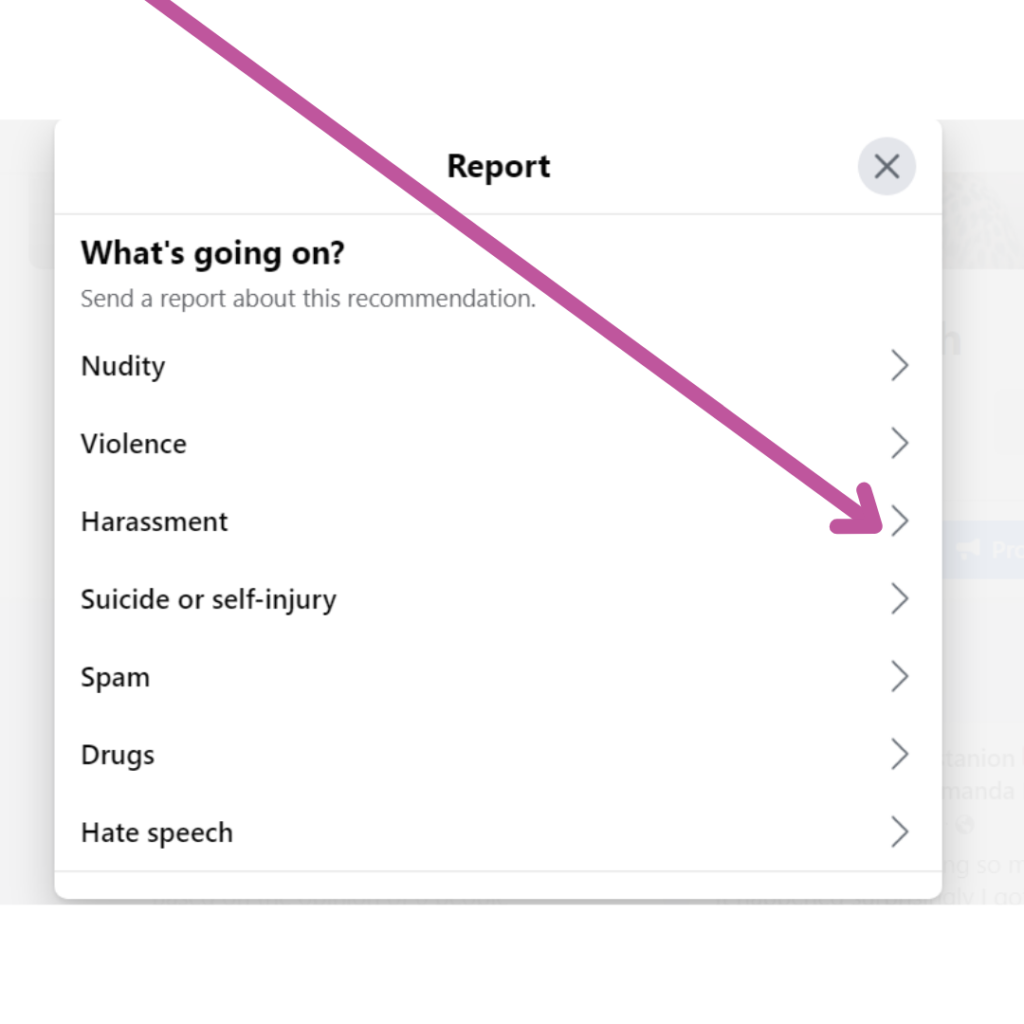 Report recommendation on Facebook, Harassment